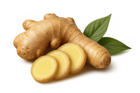 Fresh ginger root and sliced rhizome with green leaves illustrating healthy eating and natural spice ingredient, transparent background