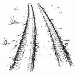 Car tracks in slush on muddy ground with grass in background  