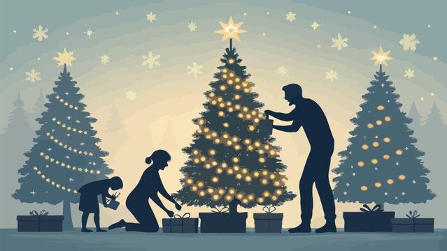 Joyful family silhouette decorating Christmas tree with gifts and festive lights, a heartwarming holiday scene.