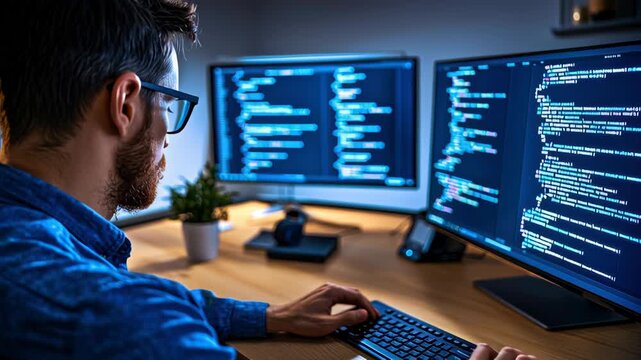 Programmer software code computer monitor keyboard desk office night developer coding screen workspace modern dark focus dual monitor
