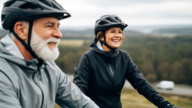 Smiling senior couple wearing helmets enjoying outdoor cycling adventure