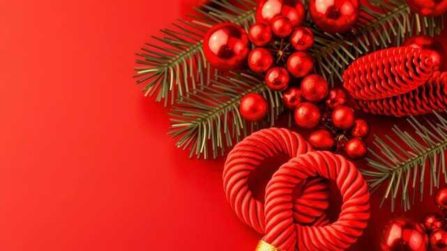 Red Christmas wreath ornament festive red background with pine branch and bauble decor, gold ribbon accents, candy cane rope border, evergreen