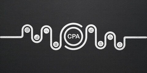 Cost Per Action (CPA) marketing concept — creative line art illustration showing digital performance metrics, ROI, analytics, and conversion optimization strategy in online advertising