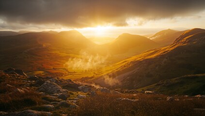 Stunning golden sunrise over peaceful mountain range, creating a vibrant and awe inspiring landscape, perfect for travel and adventure campaigns