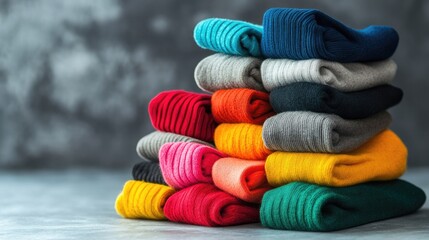 Stack of assorted cotton socks in bright colors on neutral surface, emphasizing variety and casual fashion