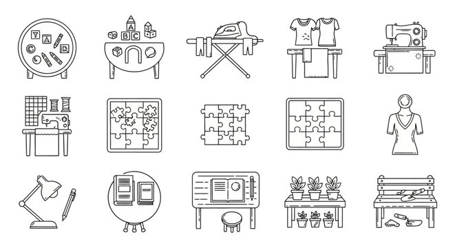 hobbies and leisure icons crafting gardening sewing studying and playing for illustrating creative pursuits and relaxation lifestyle and entertainment