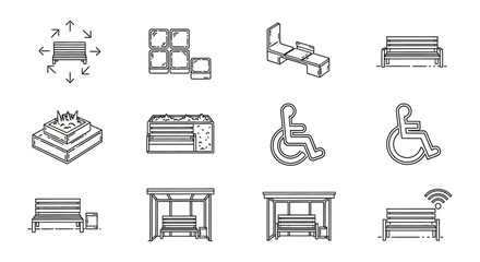 urban furniture icons showcasing bench designs bus stops planters and accessibility symbols ideal for urban planning and landscape architecture visuals
