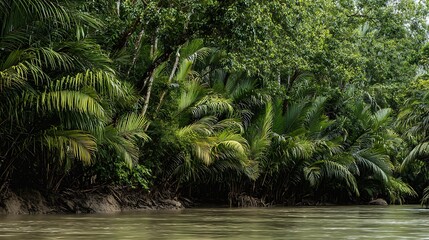 Lush tropical rainforest riverbank with dense green palm trees and jungle foliage