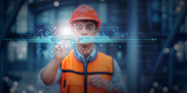 Automation Testing concept in industrial technology — engineer using futuristic holographic interface symbolizing software testing, AI quality assurance, digital validation and smart process