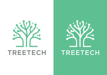 Technology tree vector logo design template, vector technology tree. Technology tree logo with tree design and digital elements.