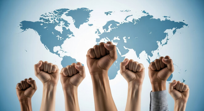 Raised Fists in Unity Solidarity Empowerment Protest Activism Global Community Social Justice Human Rights International Support World Peace - Powered by Adobe