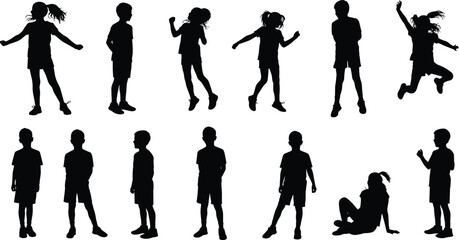 , walking, sitting, black vector, isolated, active poses, childhood, motion, fun, clipart, editable, school, education, activity, youth, design, illustration