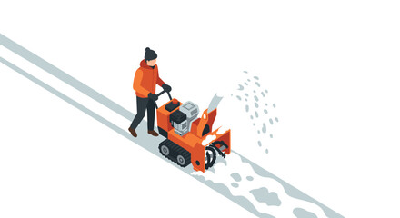Fototapeta premium Isometric winter scene with person operating snow blower on snowy path