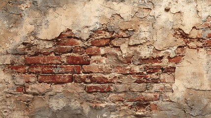 Ancient weathered brick wall with peeling plaster and distressed texture