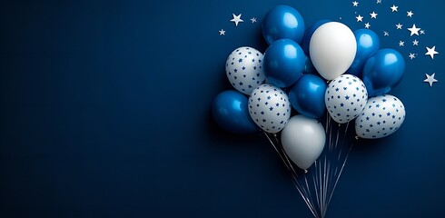 Striking blue and white balloons with stars for festive celebrations and patriotic events, perfect for backgrounds, invitations and party decor