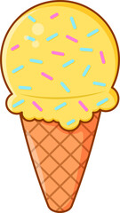 Yellow Ice Cream Cone Illustration with Colorful Sprinkles. Sweet Frozen Dessert Graphic.