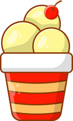 Vanilla Ice Cream Scoops in Striped Cup with Cherry Topping - Dessert Illustration