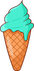 Melting Teal Soft Serve Ice Cream in Waffle Cone Illustration