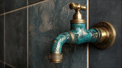 Rustic weathered brass water tap with verdigris on dark textured tiles