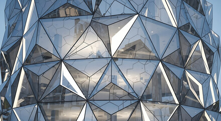 Geometric Glass Facade with Reflective Triangular Panels in Contemporary Architecture