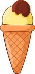 Vanilla Ice Cream Cone with Chocolate Topping. Sweet Dessert Refreshment