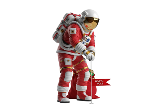 赤い宇宙服姿、クリスマスの贈り物運ぶ！楽しい冒険イメージ。お祝い、年末年始、ハッピーな瞬間を表現。