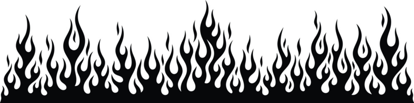 Stylized black flame border design element with tribal fire motif on isolated white background