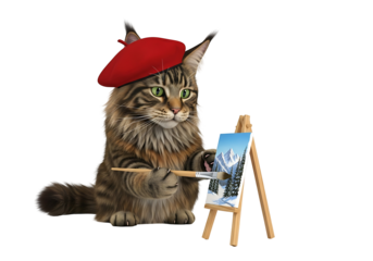ベレー帽をかぶった猫が絵を描く様子、雪山の風景を丁寧に描写するイラストイメージ