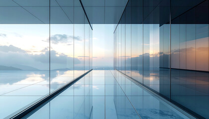 Modern Glass Architecture with Reflective Corridor and Sunset Sky View