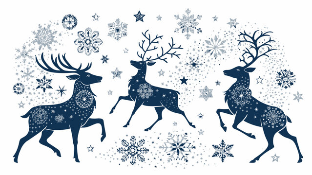 Elegant reindeer silhouette with snowflakes and stars, perfect for festive holiday designs and winter themes.