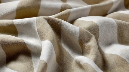 Crumpled beige and white striped woven fabric background close-up texture