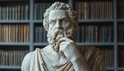 Thoughtful marble bust of a classical philosopher with a library backdrop, perfect for adding a touch of wisdom and sophistication to your next project