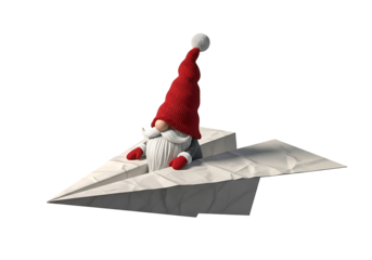 紙飛行機に乗る面白いノーム人形、赤い帽子をかぶって空を飛ぶイメージ、お祝いの雰囲気