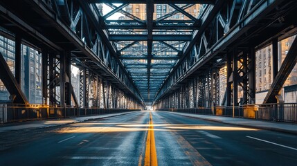 Fototapeta premium Urban road passing beneath a modern steel bridge, intricate metal framework overhead, sunlight filtering through beams for a cinematic effect.