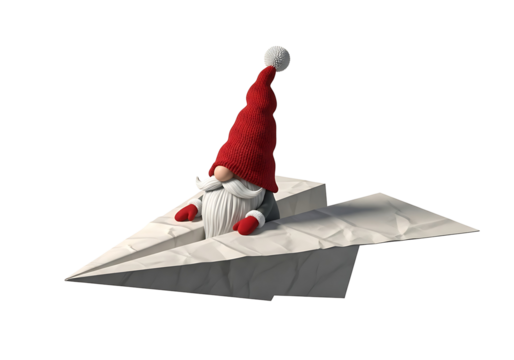 紙飛行機に乗る面白いノーム人形、赤い帽子をかぶって空を飛ぶイメージ、お祝いの雰囲気