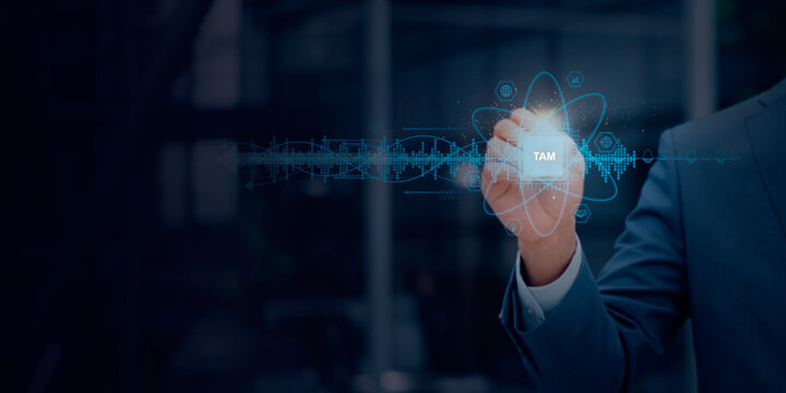 Total Addressable Market (TAM) concept in business strategy — professional using futuristic digital interface symbolizing market analysis, opportunity assessment, revenue potential - Powered by Adobe