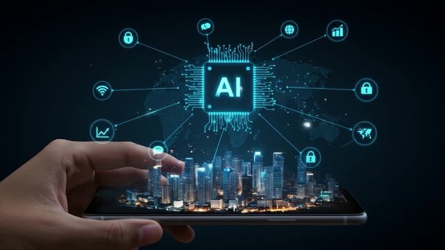 A hand holds a phone displaying a futuristic city beneath a digital AI core with interconnected icons over a world map - Powered by Adobe