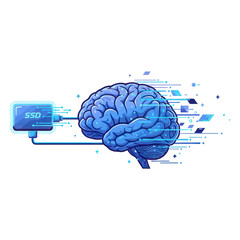 Human brain uploading skill data from external drive, digital learning, futuristic technology, artificial intelligence concept