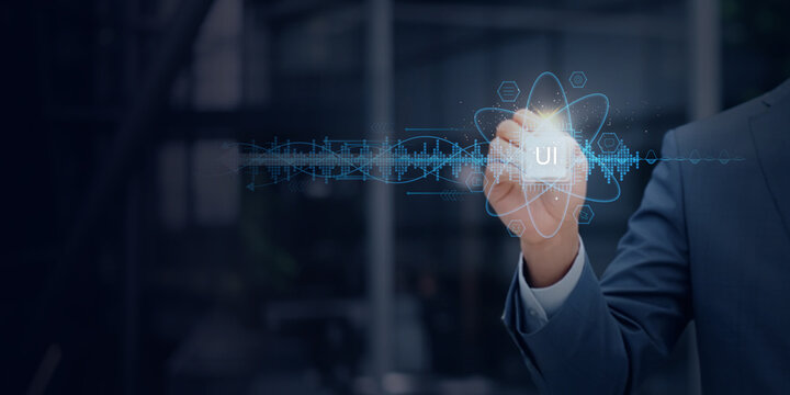 User Interface (UI) design concept in digital technology — business professional interacting with futuristic holographic interface symbolizing web design, app development