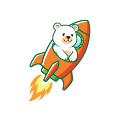 Cute cartoon polar bear astronaut smiling while riding a vibrant orange rocket ship.