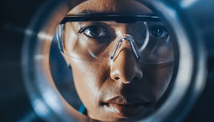 Extreme close-up portrait of a Black female inspector wearing safety goggles, looking through a metal ring in a factory setting.