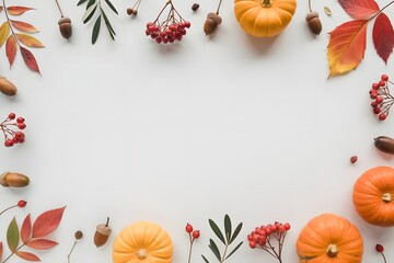 Autumnal border frame with pumpkins, leaves, berries and acorns on white background