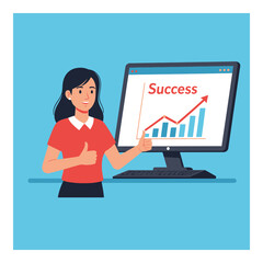 Woman presenting a success graph on a computer screen showing business growth and achievement vector illustration