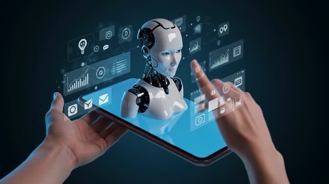 A lifelike robot head emerges from a tablet, surrounded by virtual interface icons, as hands interact with the screen