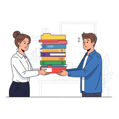 Woman handing a large stack of files to a stressed man vector illustration for workload concept isolated on white background