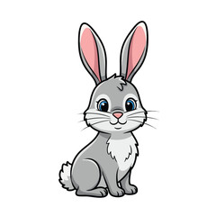 Fototapeta premium Cute Gray Cartoon Rabbit with Big Blue Eyes and Long Pink Ears Sitting and Smiling.