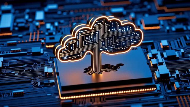Neon circuit tree digital chip futuristic motherboard glowing technology cyber growth innovation concept AI symbol metallic base with cloud server