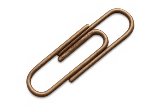 Bronze paper clip connecting papers and documents, organizing office stationery, isolated on transparent background