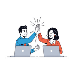 Two happy colleagues giving a high five vector illustration of teamwork and success isolated on white background