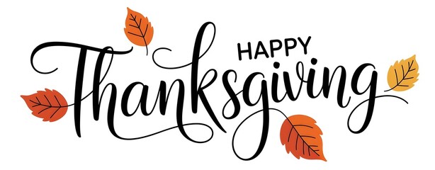 Happy thanksgiving handwritten text with autumn leaves isolated on white background